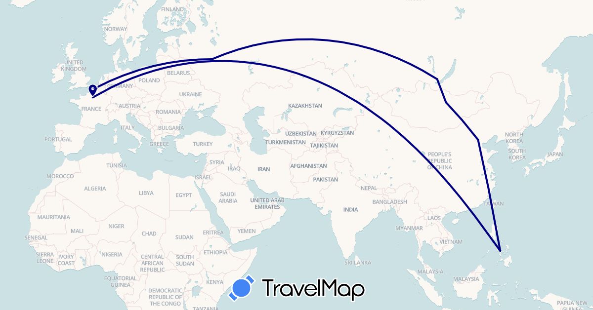 TravelMap itinerary: driving in Belgium, China, France, Mongolia, Philippines, Russia (Asia, Europe)
